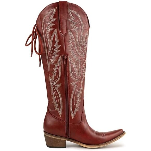 ⚡Women's Red Knee High Wide Calf Lace Up Embroidered Cowgirl Boots Pull On - Picture 4 of 7